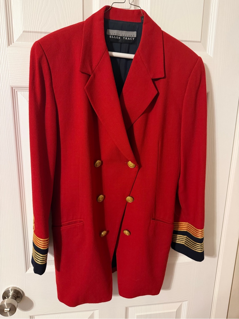 Ellen Tracy Vibrant Red Double-Breasted Blazer with Nautical Trim